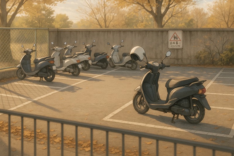 学校のバイク置き場のプロンプト｜画像生成AI用