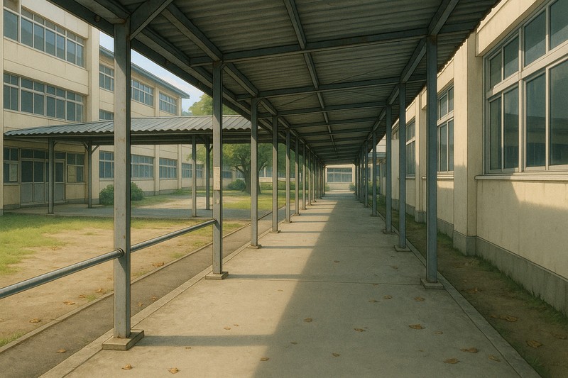 学校の渡り廊下のプロンプト｜画像生成AI用