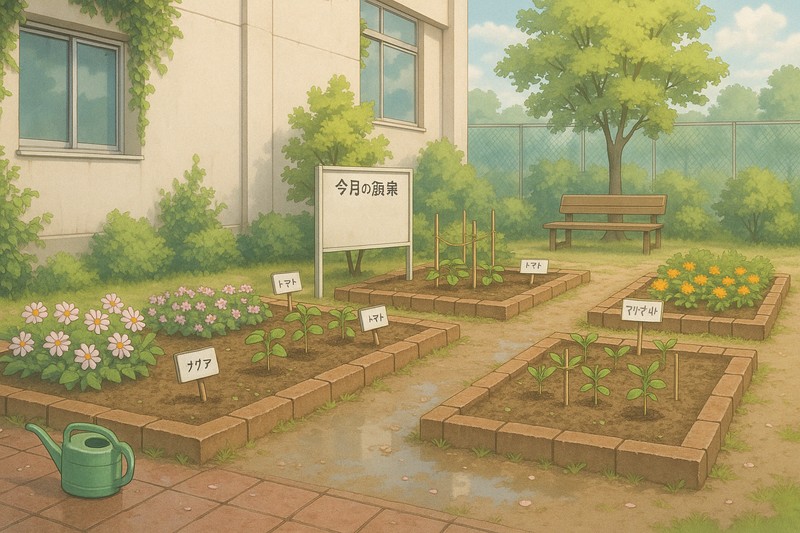 学校の構内庭園のプロンプト｜画像生成AI用