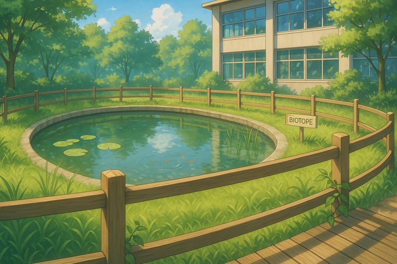 学校のビオトープ・池のプロンプト｜画像生成AI用