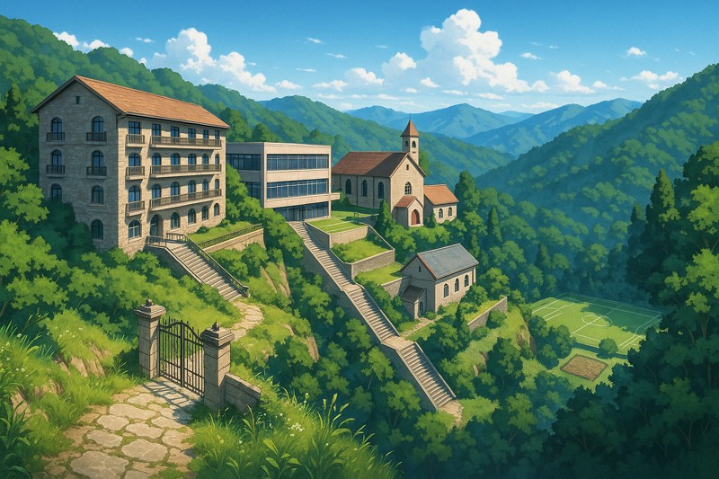 山の上の学園の外観のプロンプト｜画像生成AI用