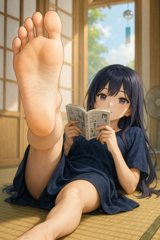 畳に寝転び漫画を読む美少女|足の裏のAI画像作例