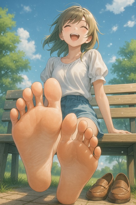 新緑の季節、穏やかな公園のベンチで笑顔の美少女|足の裏のAI画像作例