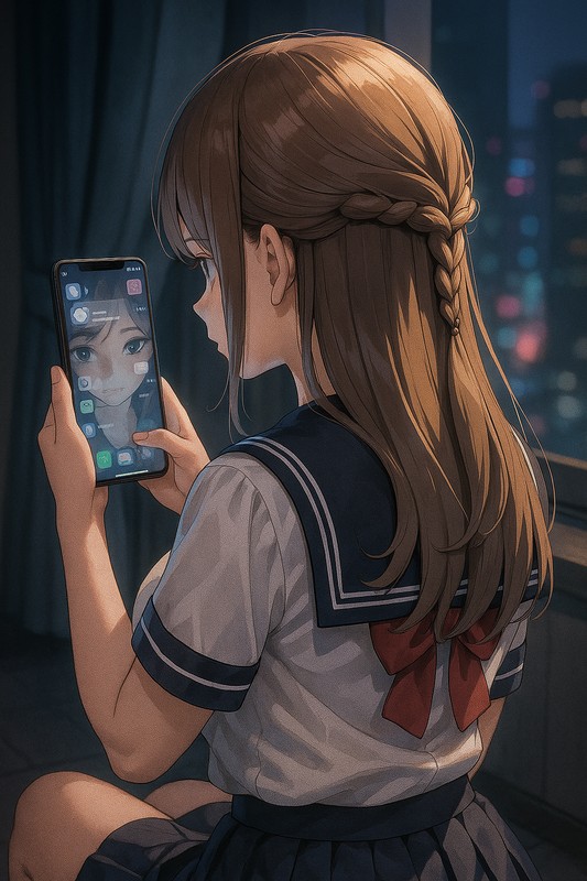 スマホ画面に顔を映すプロンプト-2|AIイラスト作例