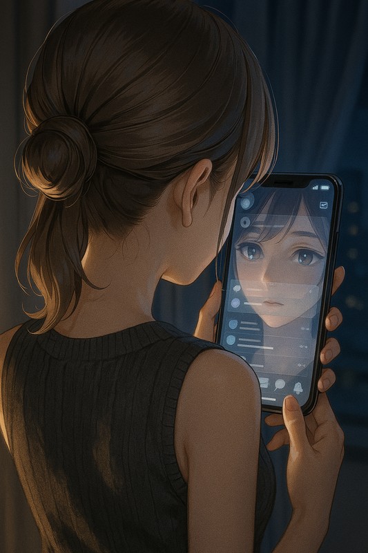 スマホ画面に顔を映すプロンプト-1|AIイラスト作例