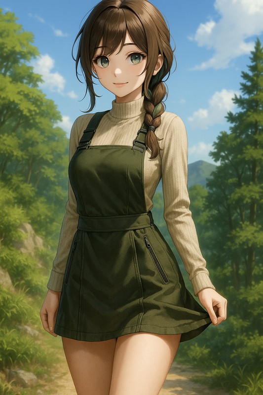 アウトドアジャンパースカートの美少女イラスト|AI画像