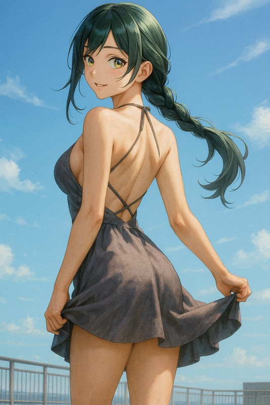ホルターネックジャンパースカートの美少女イラスト|AI画像