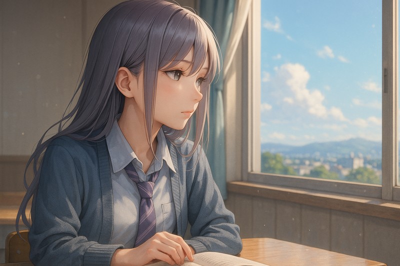 横顔+窓の外を静かに見つめる視線のAIイラスト作例|視線と雰囲気の比較