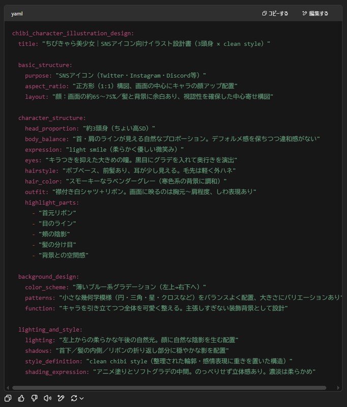 ChatGPTでYAML形式でイラスト設計書を出力する参考画像