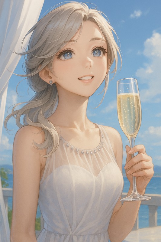 シャンパングラス（フルート）を持つ美少女AIイラスト｜プロンプト紹介