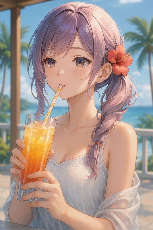 ジュースグラス（細長）を持つ美少女AIイラスト｜プロンプト紹介