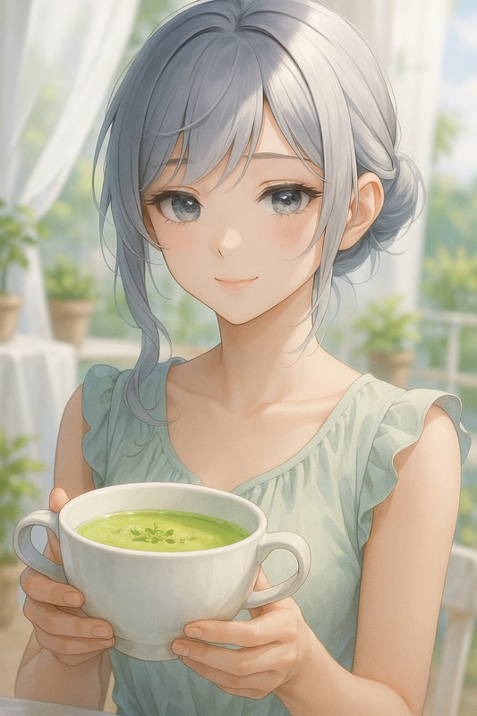 スープカップを持つ美少女AIイラスト｜プロンプト紹介