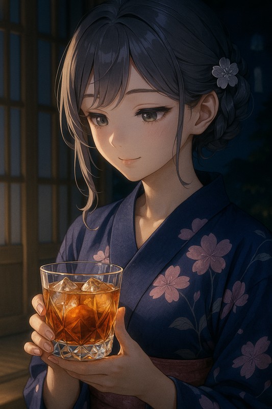 梅酒グラス（ロックグラス）を持つ美少女AIイラスト｜プロンプト紹介