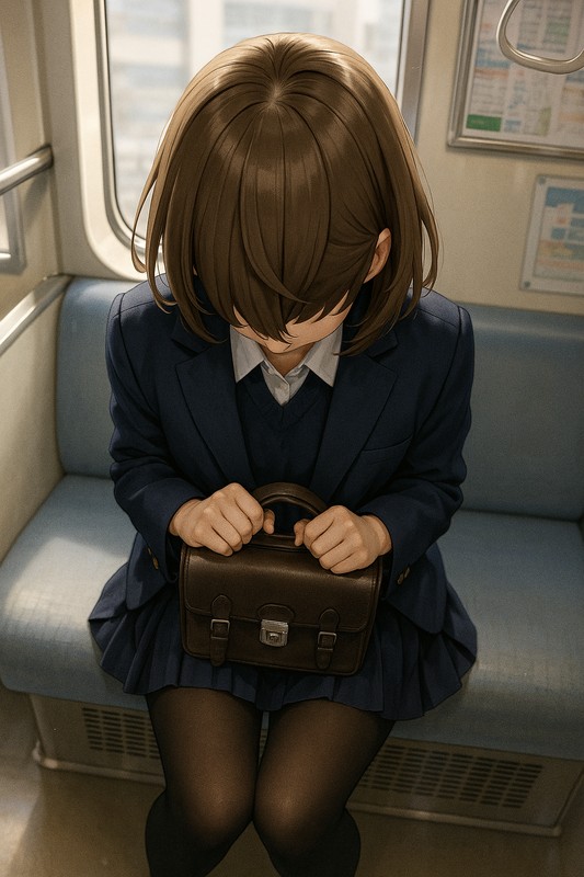 頭頂部のAIイラスト作例、電車で居眠りをする女の子