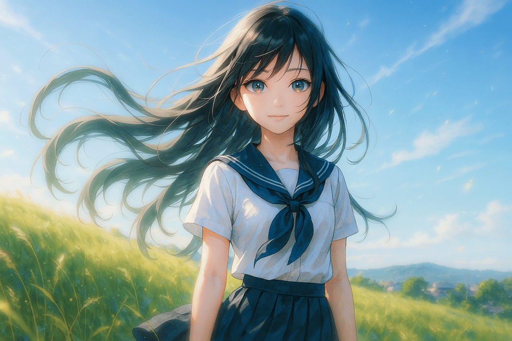 夏の草原に佇む美少女|AIイラスト作例(Photoshop編集)