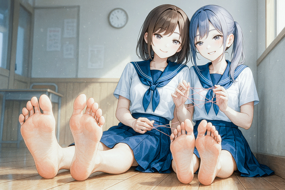学校の教室で足を伸ばしてあやとりをする二人の美少女|足の裏のAI画像作例
