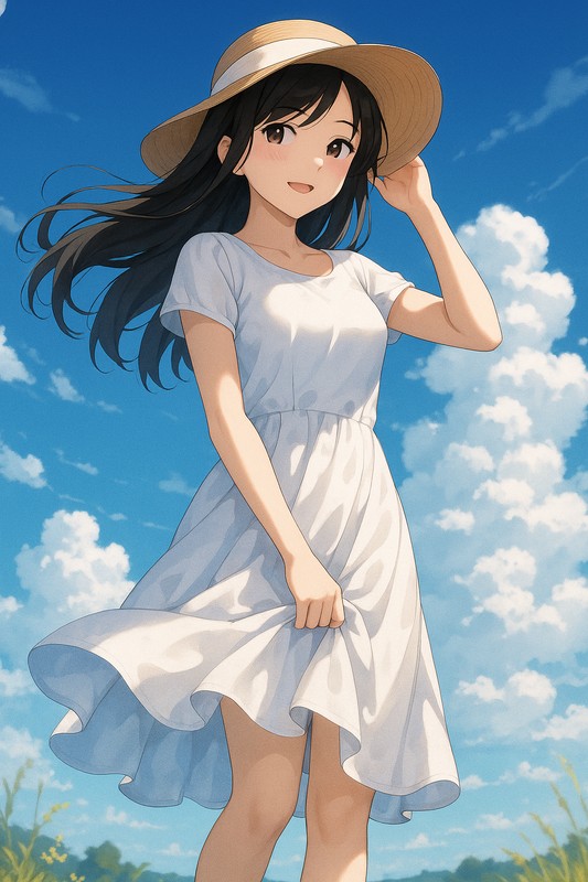 スカートの裾を抑える動作|AI画像