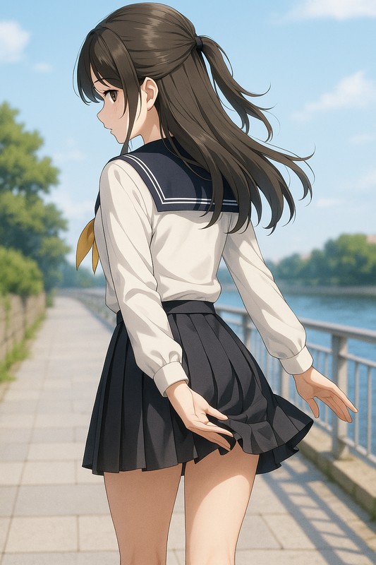 手の甲でスカートの後ろ側をさっと払う様子|AI画像