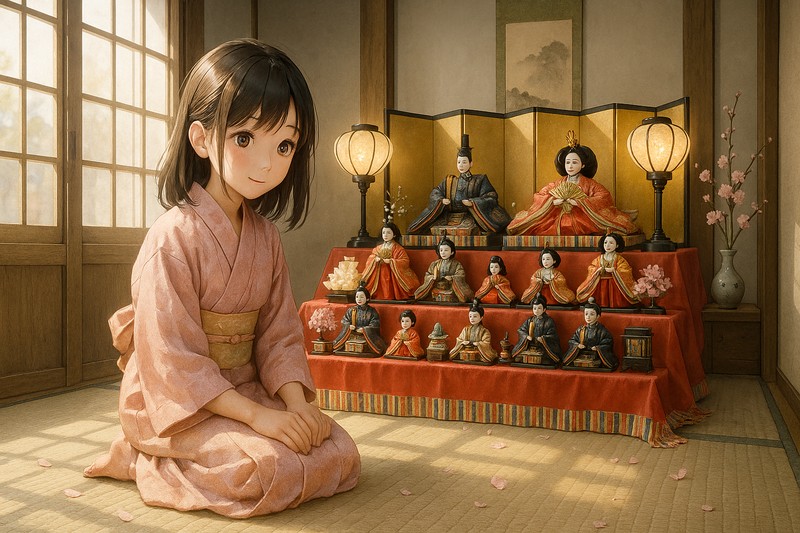 ひな祭り、雛壇と女の子のプロンプト|AI作例
