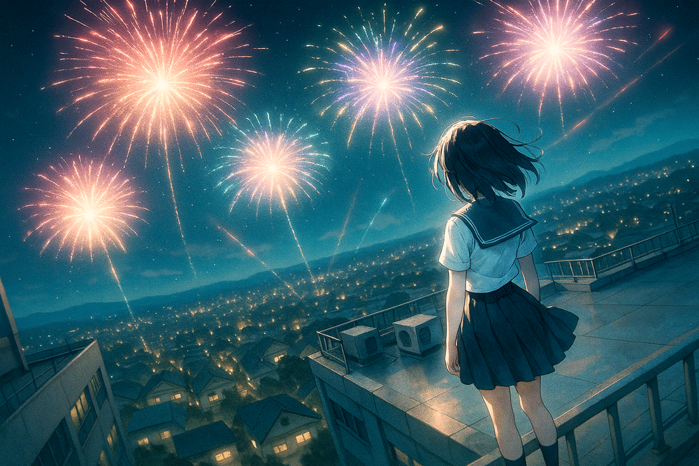 学校の屋上から花火をみる美少女の後ろ姿|AI画像作例