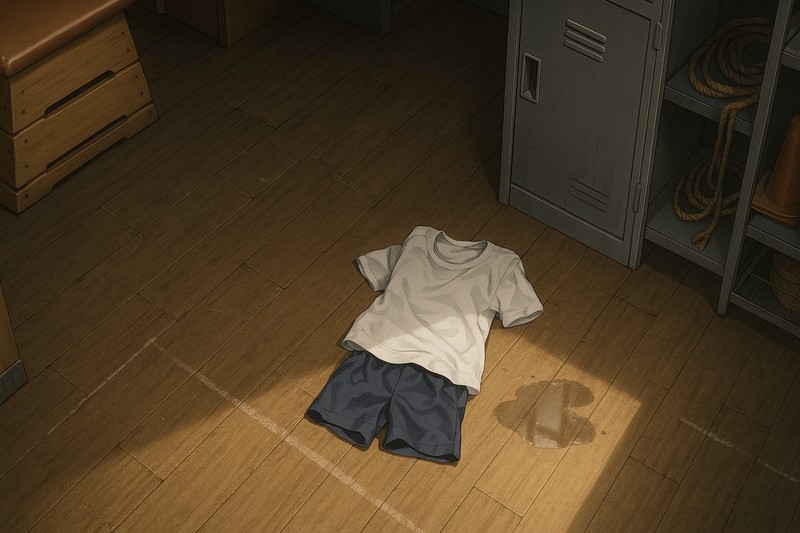 体操着が置き去りになった体育倉庫|AIプロンプト