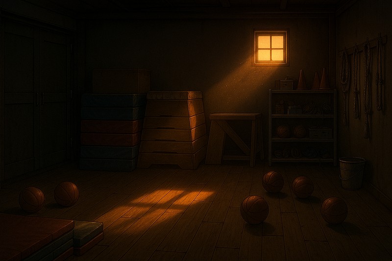 放課後の夕陽が差し込む体育倉庫|AIプロンプト