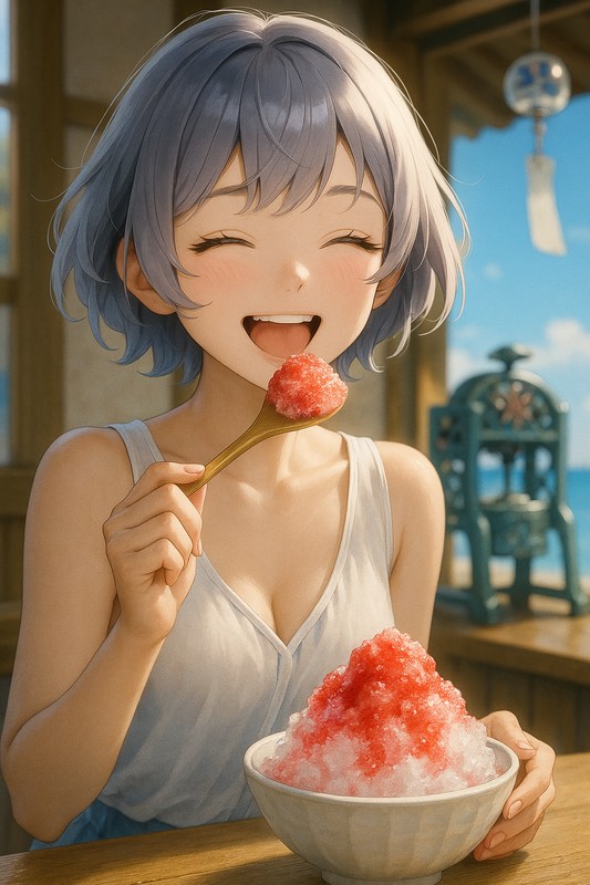 イチゴかき氷を食べる美少女|AIプロンプト紹介