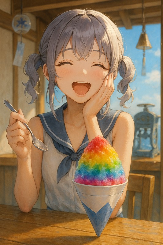 レインボーかき氷を食べる美少女|AIプロンプト紹介