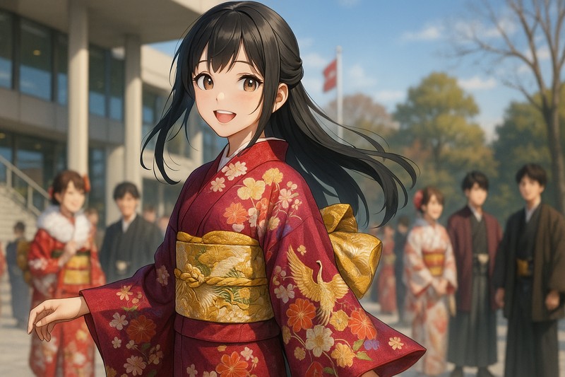 振袖、袋帯、金彩、花模様を組み合わせたAIイラスト