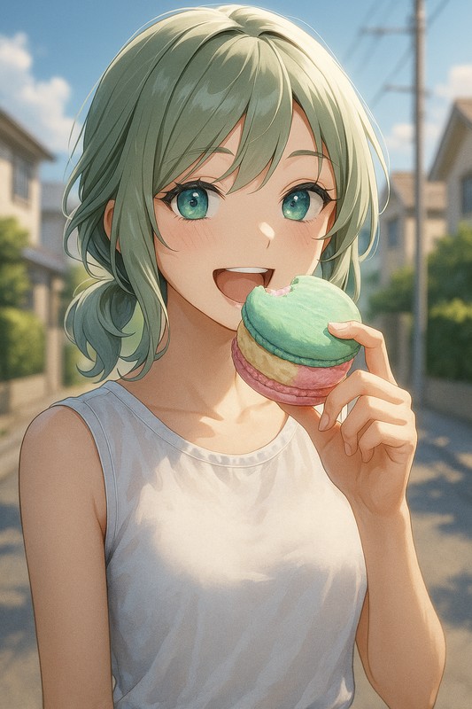 アイスサンド(ビスケット)をかじって食べる美少女|AIプロンプト紹介