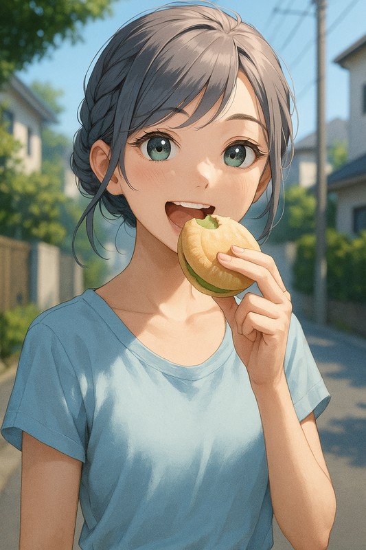 アイス最中をかじって食べる美少女|AIプロンプト紹介