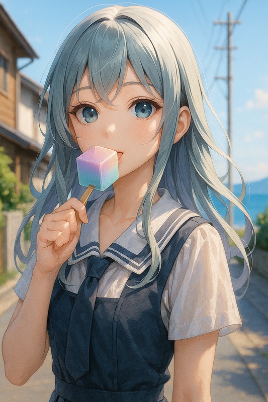 キューブ型アイスを食べる美少女|AIプロンプト紹介