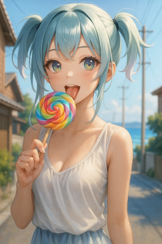 ペロペロキャンディ風アイスを食べる美少女|AIプロンプト紹介