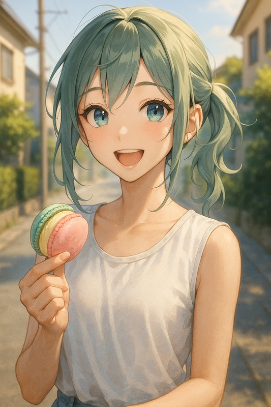 アイスマカロンを食べる美少女|AIプロンプト紹介