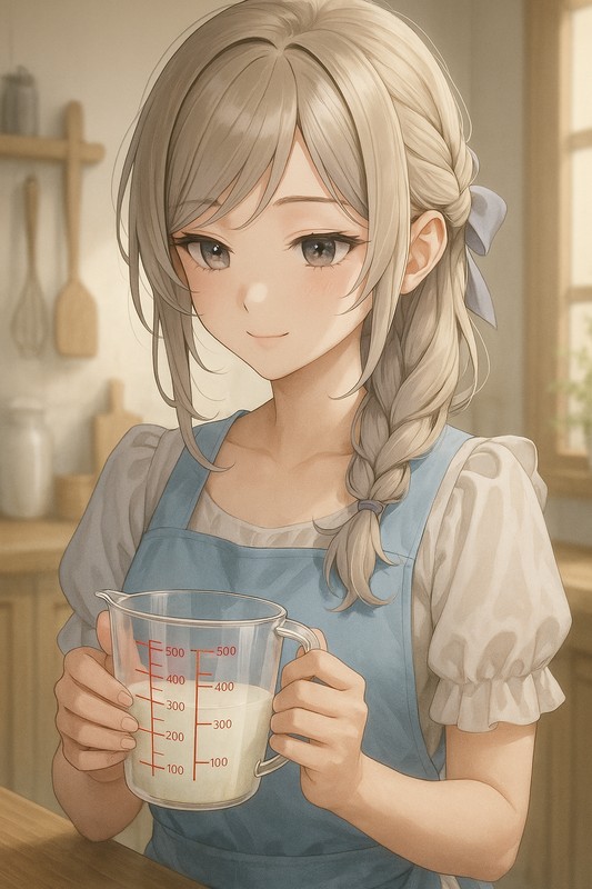 計量カップを持つ美少女AIイラスト｜プロンプト紹介