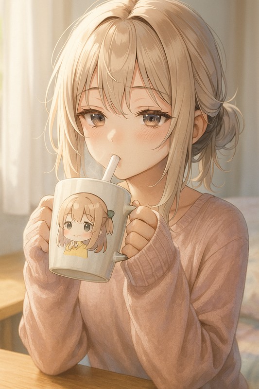 キャラクターカップを持つ美少女AIイラスト｜プロンプト紹介