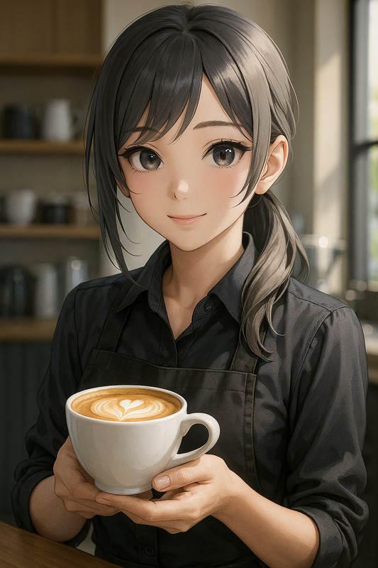 ラテカップを持つ美少女AIイラスト｜プロンプト紹介
