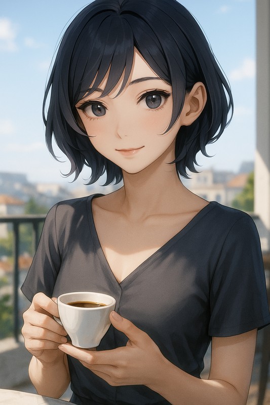 エスプレッソカップを持つ美少女AIイラスト｜プロンプト紹介