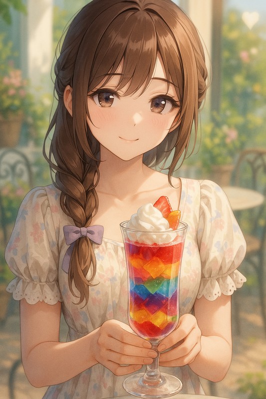 ゼリーパフェグラスを持つ美少女AIイラスト｜プロンプト紹介