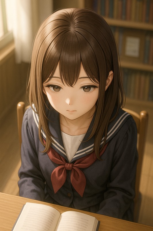 美少女の後頭部・つむじのAIイラスト作例|図書室
