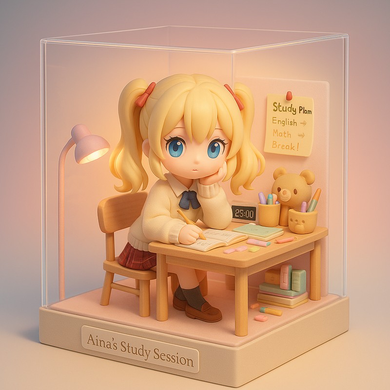 宿題している女の子|ミニチュア風のワークスペースアート|画像AI