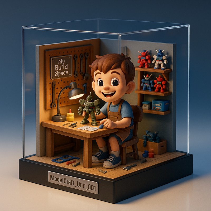 プラモデルを作る部屋|ミニチュア風のワークスペースアート|画像AI