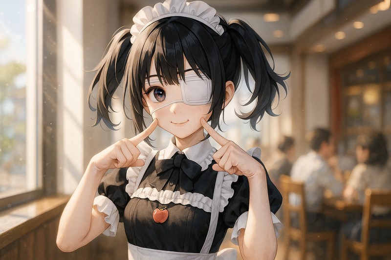 眼帯をしたメイド服の美少女のAIイラストの作例