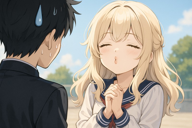 キス待ちをする女の子と焦る男子のAIイラスト作例|コミカル