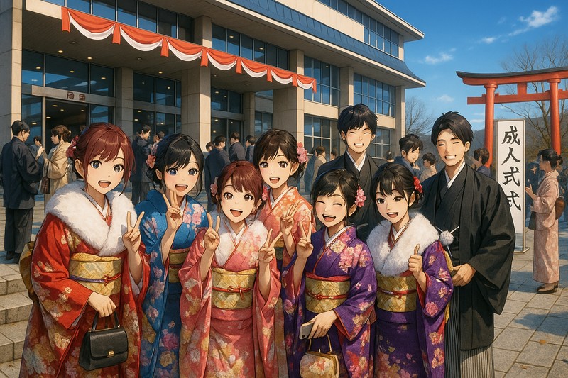 成人式、晴れ着姿と集合写真のプロンプト|AI作例