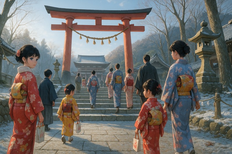初詣、元旦の神社参拝と着物姿のプロンプト|AI作例