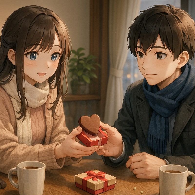 バレンタインデー、カフェでチョコを渡すプロンプト|AI作例