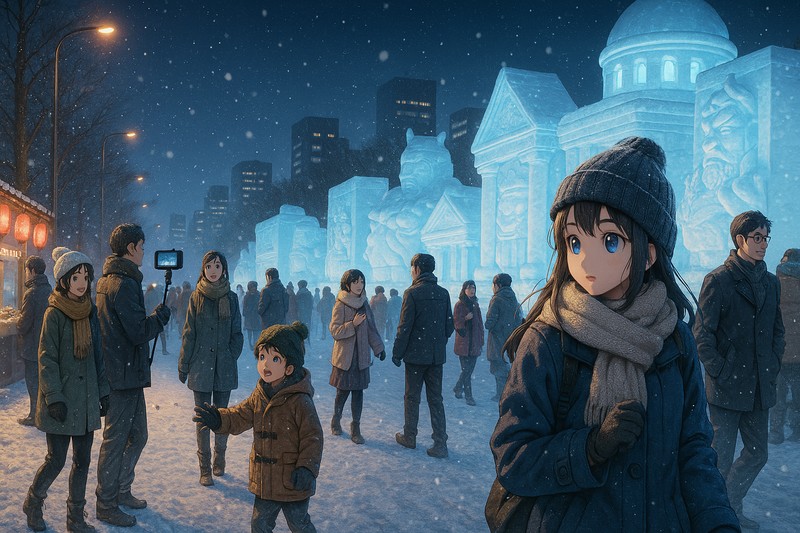 さっぽろ雪まつり、氷像と観光客のプロンプト|AI作例