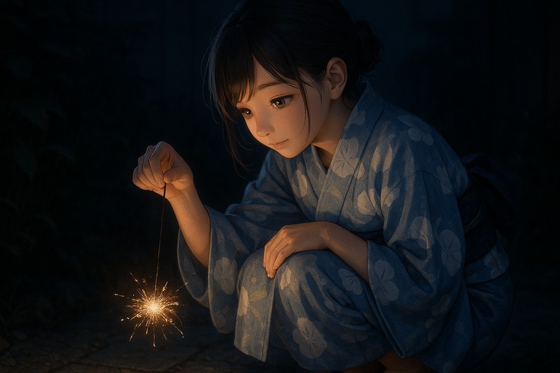 線香花火・手持ち花火のアップ構図プロンプト|AI作例