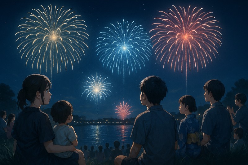 花火大会、河川敷の夜景のプロンプト|AI作例